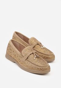 Renee - Ciemnobeżowe Mokasyny z Cyrkoniami i Ozdobami Distantsteam. Okazja: na co dzień. Kolor: beżowy. Materiał: jeans. Wzór: aplikacja. Styl: glamour, casual #8