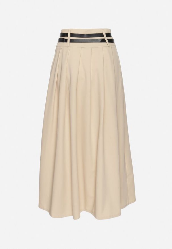 Born2be - Jasnobeżowa Spódnica z Podwójnym Paskiem z Ekoskóry i Szerokimi Plisami Hiritai. Okazja: na imprezę, do pracy. Stan: podwyższony. Kolor: beżowy. Materiał: skóra. Styl: elegancki