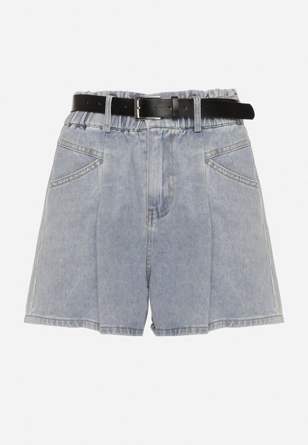 Born2be - Jasnoniebieskie Szorty Jeansowe z Ozdobnymi Przeszyciami Gumką w Talii i Paskiem Alariana. Okazja: na co dzień. Kolor: niebieski. Materiał: jeans. Styl: klasyczny, casual, elegancki