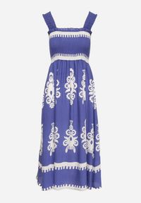 Born2be - Niebieska Wiskozowa Sukienka o Rozkloszowanym Kroju w Ornamentny Wzór Adoxie. Okazja: na co dzień, na spacer. Kolor: niebieski. Materiał: wiskoza. Długość rękawa: na ramiączkach. Typ sukienki: rozkloszowane, proste. Styl: klasyczny, casual #2