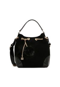 Kazar - Duża torebka typu worek z zamszu i skóry lakierowanej. Kolor: czarny. Wzór: aplikacja. Dodatki: z breloczkiem. Materiał: zamszowe, lakierowane, skórzane. Rozmiar: duże #1