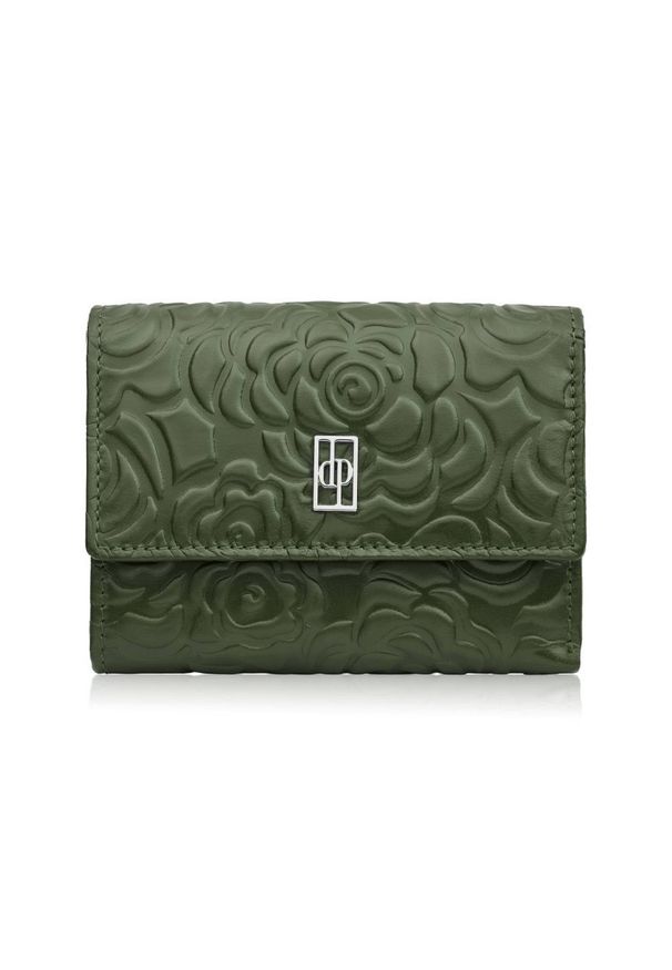 PAOLO PERUZZI - Portfel damski skórzany zielony w orientacji poziomej RFID Paolo Peruzzi AL-15-GB. Kolor: zielony. Materiał: skóra. Wzór: aplikacja, kwiaty