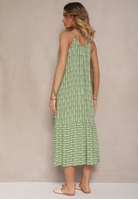 Renee - Zielona Sukienka z Bawełny Ozdobiona Geometrycznym Motywem Nilavionea. Kolor: zielony. Materiał: bawełna. Długość rękawa: na ramiączkach. Wzór: geometria, aplikacja. Sezon: wiosna, lato. Styl: elegancki #4