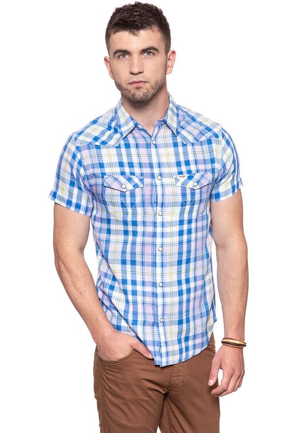 Wrangler - KOSZULA MĘSKA KRÓTKI RĘKAW WRANGLER SS WESTERN SHIRT TURKISH SEA W5A246D86 112130000. Długość rękawa: krótki rękaw. Długość: krótkie. Wzór: kratka