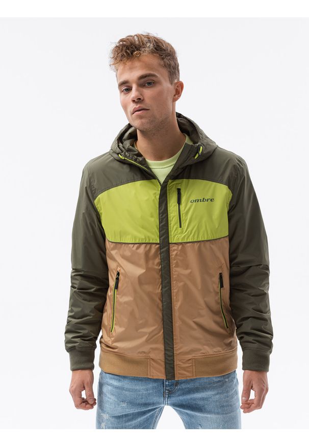 Ombre Clothing - Kurtka męska sportowa - oliwkowa V7 - Rozmiar: L. Kolor: oliwkowy. Materiał: poliester. Styl: sportowy