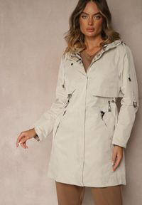 Renee - Beżowa Kurtka Parka z Kapturem Podpinanymi Rękawami i Printem w Kratę Hallela. Typ kołnierza: kaptur. Kolor: beżowy. Materiał: jeans. Długość: do kolan. Wzór: nadruk. Sezon: jesień