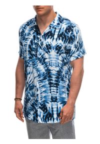 Ombre Clothing - Wiskozowa wzorzysta męska koszula z krótkim rękawem OM-SHPS-0113 - biała/granatowa - Rozmiar: XL. Okazja: na co dzień. Kolor: biały. Materiał: wiskoza. Długość rękawa: krótki rękaw. Długość: krótkie. Wzór: gładki, kolorowy. Styl: klasyczny, wakacyjny, casual