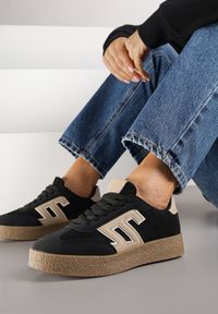 Born2be - Czarne Sneakersy z Geometrycznym Wzorem Adelnaria. Okazja: na co dzień. Kolor: czarny. Materiał: jeans. Wzór: geometria #4