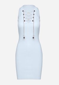 Born2be - Niebieska Bawełniana Sukienka Prążkowana z Ozdobnie Wiązanym Dekoltem Vikimarra. Okazja: na co dzień. Kolor: niebieski. Materiał: prążkowany, bawełna. Długość rękawa: krótki rękaw. Styl: wizytowy, klasyczny, casual, elegancki #2