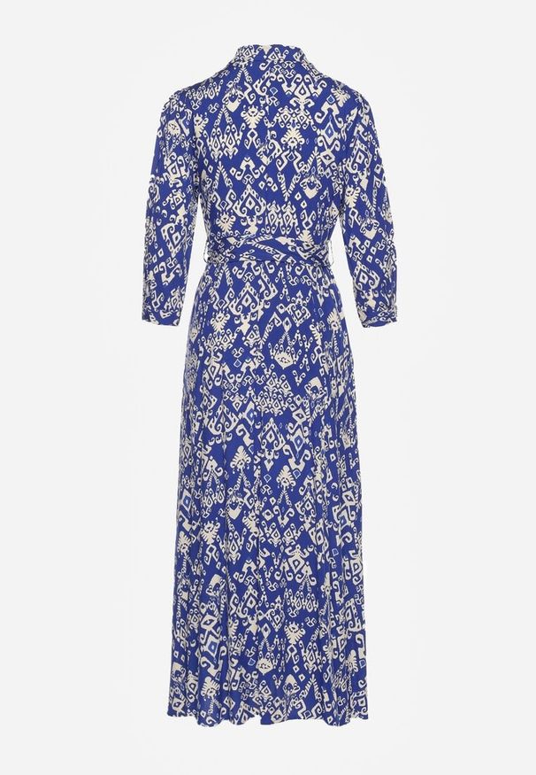 Renee - Granatowa Sukienka Koszulowa Wiązana w Pasie w Etno Wzór z Wiskozy Lokaggia. Kolor: niebieski. Materiał: wiskoza. Typ sukienki: koszulowe. Styl: etno