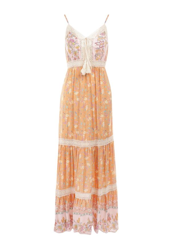 Born2be - Pomarańczowo-Różowa Sukienka Bakrey. Kolor: pomarańczowy. Materiał: koronka, wiskoza, tkanina. Długość rękawa: na ramiączkach. Wzór: aplikacja, kwiaty, nadruk. Sezon: lato. Długość: maxi