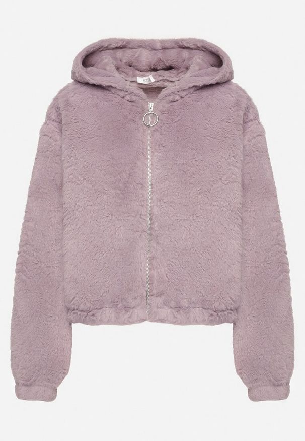 Born2be - Fioletowa Kurtka z Futerka z Kapturem i Ozdobnym Suwakiem Kikiara. Okazja: na co dzień. Typ kołnierza: kaptur. Kolor: fioletowy. Materiał: futro. Styl: elegancki, casual
