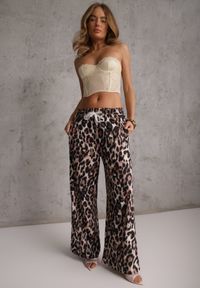 Renee - Panterkowe Spodnie High Waist Wide Leg z Koronkowym Wiązaniem w Talii Leanta. Stan: podwyższony. Kolekcja: plus size. Materiał: koronka. Długość: krótkie #6