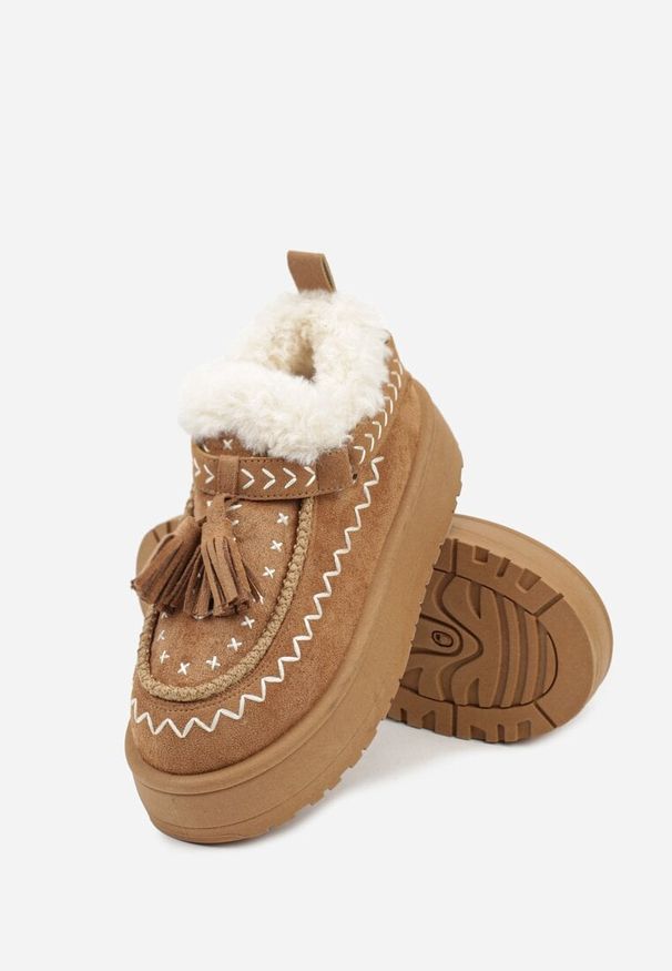 Born2be - Brązowe Śniegowce na Grubej Podeszwie z Frędzlami i Haftem Linodis. Okazja: na spacer, na co dzień. Kolor: brązowy. Materiał: jeans. Wzór: haft. Sezon: jesień. Styl: casual