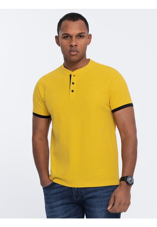Ombre Clothing - Męska koszulka polo bez kołnierzyka - żółta V9 - Rozmiar: S. Typ kołnierza: polo, bez kołnierzyka. Kolor: żółty. Materiał: bawełna. Długość: długie