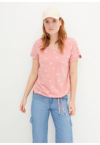 bonprix - T-shirt z nadrukiem i wiązanym troczkiem. Kolor: różowy. Wzór: nadruk #1