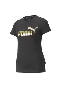 Puma - Damska koszulka z metalicznym logo Essentials+ PUMA Black Gold Foil. Kolor: żółty, wielokolorowy, czarny. Wzór: nadruk