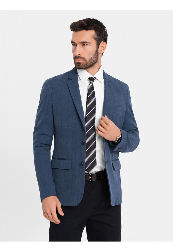Ombre Clothing - Elegancka marynarka męska SLIM FIT z rayonem – ciemnoniebieska V3. Kolor: niebieski. Materiał: tkanina, poliester, materiał. Wzór: ze splotem. Styl: elegancki