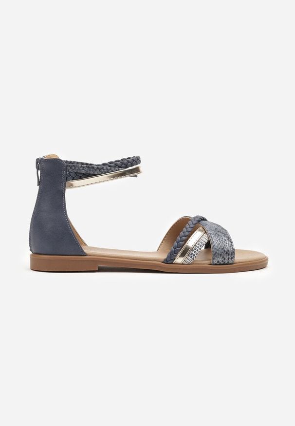 Renee - Ciemnoniebieskie Płaskie Sandały z Ozdobnymi Paseczkami i Suwakiem Luriosha. Okazja: na spacer. Kolor: niebieski. Materiał: jeans. Sezon: lato