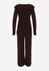 Renee - Brązowy Elegancki Komplet Spodnie Wide Leg i Bluzka z Poduszkami w Ramionach Sewinea. Kolor: brązowy. Wzór: aplikacja #5