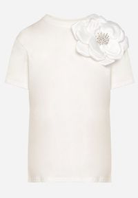Born2be - Biały Bawełniany T-shirt z Krótkim Rękawem i Aplikacją w Kształcie Kwiatu z Cyrkoniami Dimantee. Okazja: na co dzień. Kolor: biały. Materiał: bawełna. Długość rękawa: krótki rękaw. Długość: krótkie. Wzór: aplikacja, kwiaty. Styl: casual, klasyczny #7