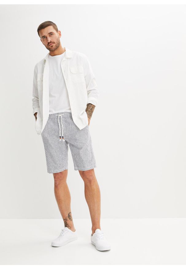 bonprix - Bermudy z przewiewnej mieszanki lnu, regular fit. Kolor: niebieski. Materiał: len. Wzór: paski