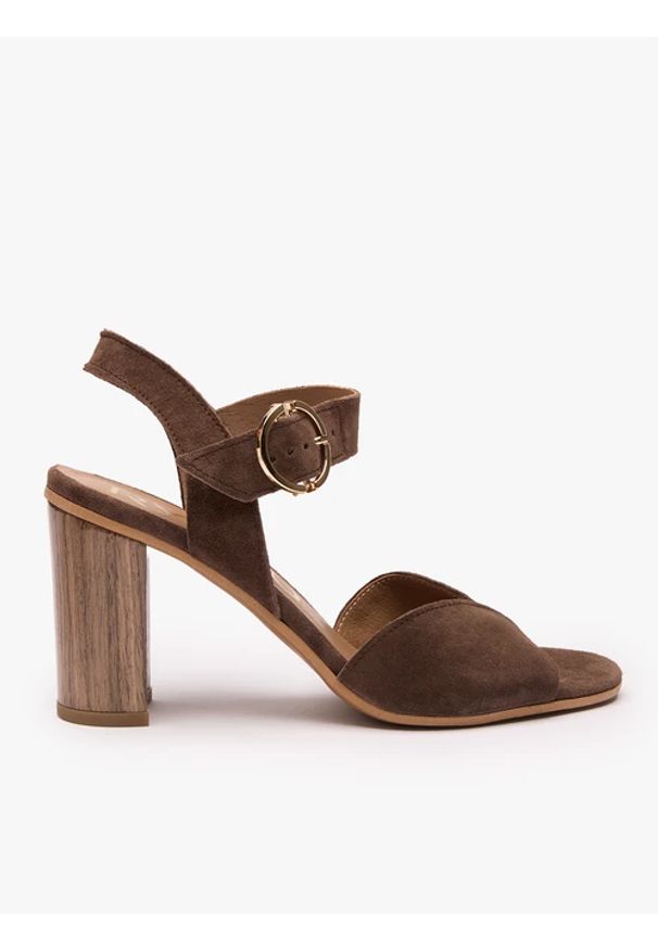 Ryłko - Ciemnobrązowe sandały ze skóry welurowej. Okazja: na co dzień. Nosek buta: okrągły. Zapięcie: sprzączka. Kolor: brązowy. Materiał: skóra, welur. Obcas: na obcasie. Styl: casual, street, elegancki. Wysokość obcasa: średni