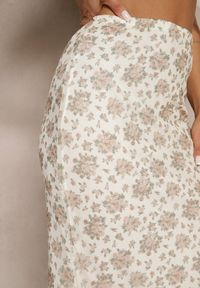 Renee - Biało-Beżowa Dopasowana Spódnica z Ozdobną Falbaną Efravaria. Okazja: na co dzień, na spotkanie biznesowe. Kolor: biały. Styl: biznesowy, elegancki, casual