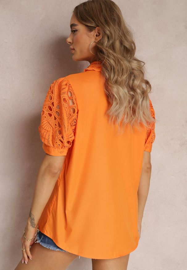 Renee - Pomarańczowa Koszula z Ozdobnym Kołnierzem i Rękawami z Koronkowymi Wstawkami Brixta. Kolor: pomarańczowy. Materiał: koronka. Styl: elegancki