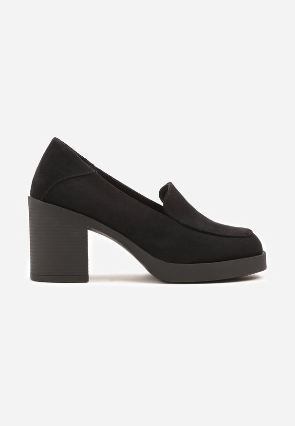 Renee - Czarne Półbuty w Stylu Loafersów na Słupku ze Skórzaną Wkładką Taltewi. Okazja: na co dzień. Kolor: czarny. Materiał: skóra. Wzór: aplikacja. Obcas: na słupku. Styl: klasyczny, elegancki, casual. Wysokość obcasa: średni