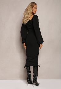Renee - Czarna Dopasowana Sukienka z Szerokimi Rękawami i Ściągaczami Vercjoza. Kolor: czarny. Wzór: aplikacja #2