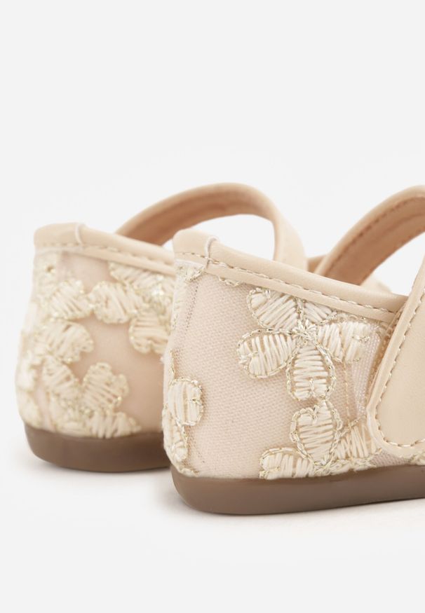 Born2be - Beżowe Siateczkowe Balerinki z Paskiem na Rzep i Haftowanymi Kwiatkami Nasella. Okazja: na uczelnię. Zapięcie: rzepy. Kolor: beżowy. Wzór: haft, kwiaty