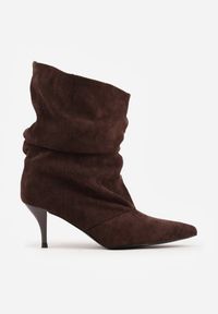 Born2be - Brązowe Botki na Szpilce z Marszczoną Cholewką Hailenia. Okazja: na co dzień. Kolor: brązowy. Szerokość cholewki: normalna. Obcas: na szpilce. Styl: casual, elegancki. Wysokość obcasa: średni #8
