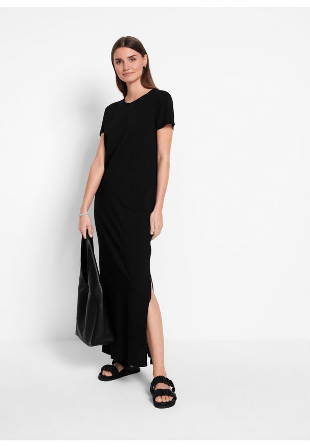 bonprix - Długa sukienka bawełniana z rozcięciem. Kolor: czarny. Materiał: bawełna. Długość: maxi