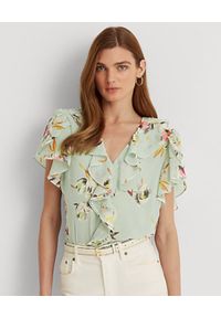 Lauren Ralph Lauren - LAUREN BY RALPH LAUREN - Bluzka z wzorem w kwiaty Georgette. Typ kołnierza: kołnierz z falbankami. Kolor: zielony. Wzór: kwiaty