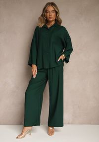 Renee - Ciemnozielony Wiskozowy Komplet Oversize Koszula i Spodnie Wide Leg Zierana. Kolor: zielony. Materiał: wiskoza #4
