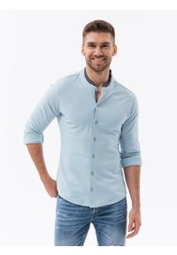 Ombre Clothing - Koszula męska dzianinowa z długim rękawem - błękitna V3 K542 - XXL. Typ kołnierza: kołnierzyk stójkowy. Kolor: niebieski. Materiał: dzianina. Długość rękawa: długi rękaw. Długość: długie. Wzór: kolorowy #6
