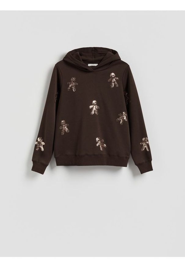 Reserved - Bluza ze świątecznym motywem - ciemnobrązowy. Kolor: brązowy. Materiał: dzianina, bawełna. Styl: wizytowy