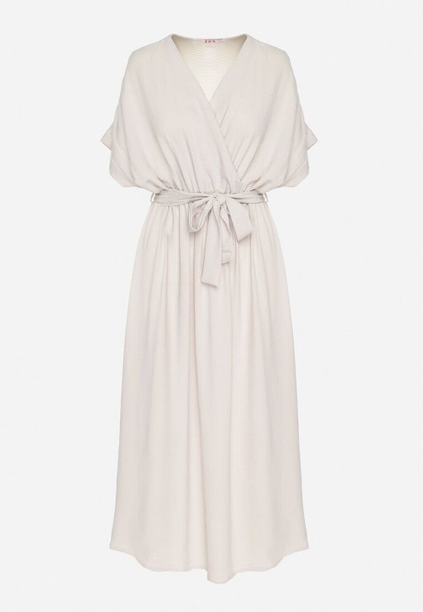 Born2be - Beżowa Sukienka z Bawełną i Ozdobnym Paskiem Lunistra. Okazja: na co dzień. Kolor: beżowy. Materiał: bawełna. Wzór: aplikacja. Styl: klasyczny, casual, elegancki