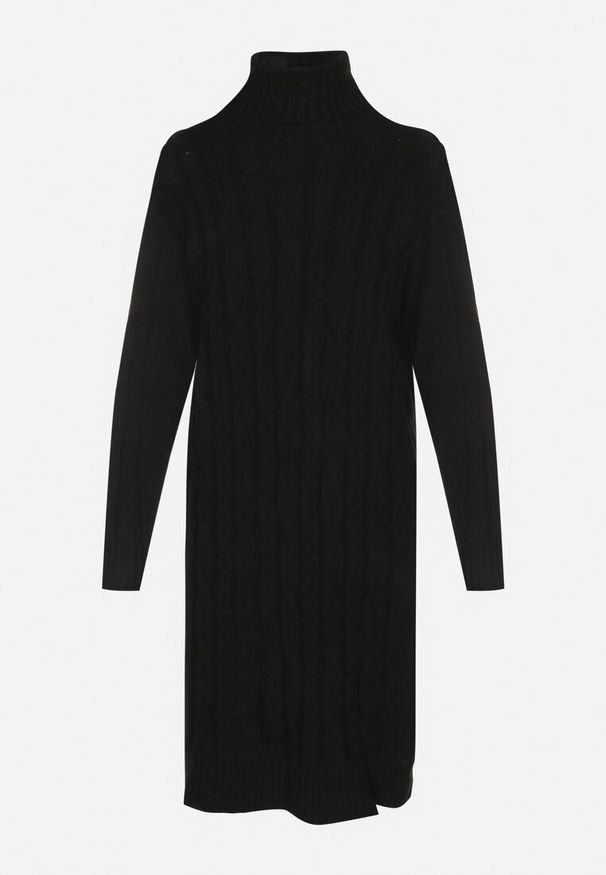 Born2be - Czarna Pudełkowa Sukienka Sweterkowa z Bawełną Wełną i Golfem Ozdobiona Splotem Teraline. Okazja: na co dzień. Typ kołnierza: golf. Kolor: czarny. Materiał: wełna, bawełna. Wzór: aplikacja, ze splotem. Styl: casual, klasyczny