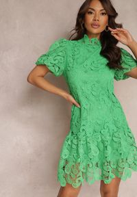 Renee - Zielona Sukienka z Koronkowym Haftem Paisley i Bufiastymi Rękawami Briena. Kolor: zielony. Materiał: koronka. Wzór: paisley, haft #4