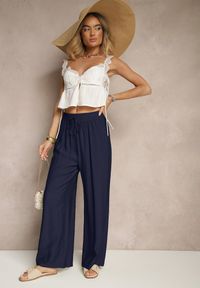 Renee - Granatowe Szerokie Spodnie High Waist z Wiskozy z Gumką w Talii Lannalie. Okazja: na co dzień. Stan: podwyższony. Kolor: niebieski. Materiał: wiskoza. Styl: casual, elegancki