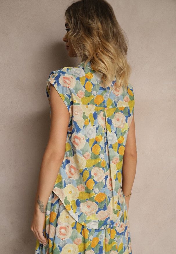 Renee - Niebiesko-Żółta Koszula z Bawełny w Kwiaty Natilea. Okazja: na co dzień. Kolor: niebieski. Materiał: bawełna. Wzór: kwiaty. Styl: elegancki, casual