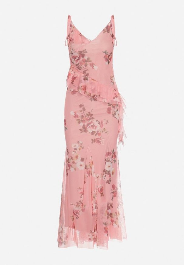 Born2be - Różowy Komplet w Kwiaty Spódnica i Top z Wiązanymi Ramiączkami i Falbankami Torellina. Kolor: różowy. Materiał: jeans. Wzór: kwiaty