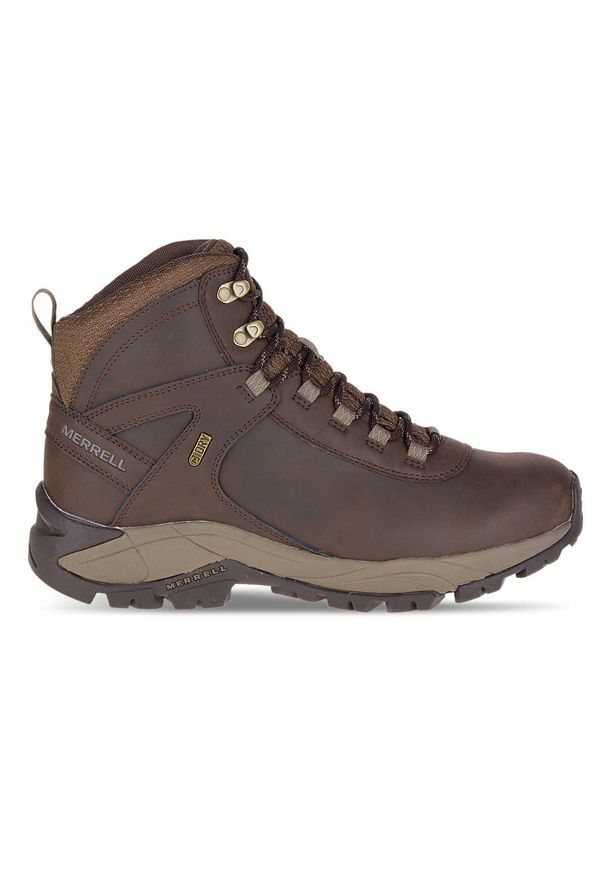 Panowie outdoorowy Merrell Vego Mid Leather Waterproof - Męskie - Espresso. Wysokość cholewki: za kostkę. Zapięcie: sznurówki. Kolor: brązowy. Materiał: skóra, materiał. Szerokość cholewki: normalna. Sport: turystyka piesza