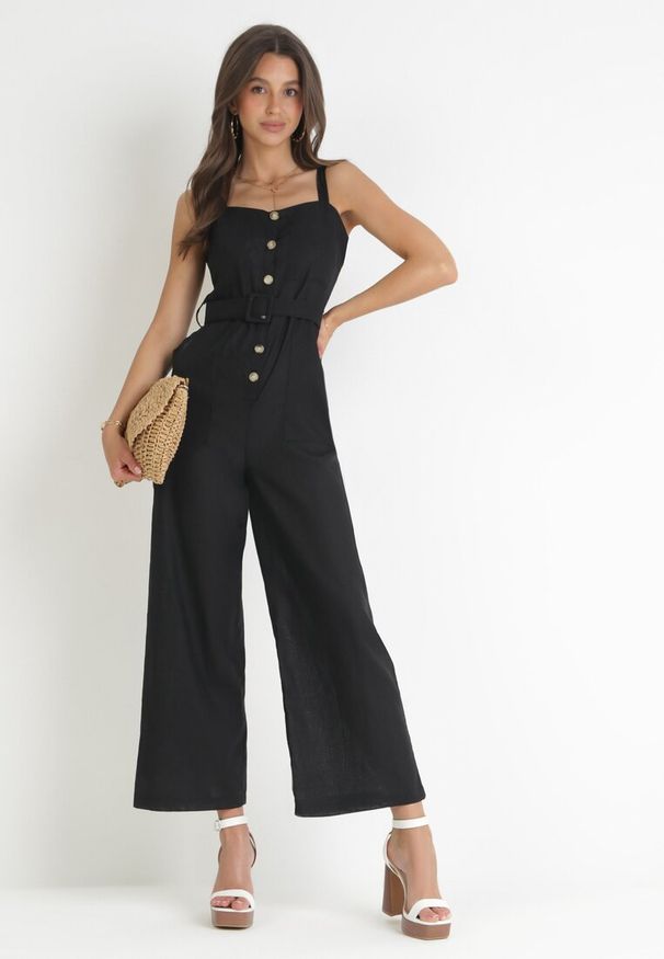 Born2be - Czarny Kombinezon na Ramiączkach z Materiałowym Paskiem Kalinsa. Kolor: czarny. Materiał: materiał. Długość rękawa: na ramiączkach. Długość: długie. Sezon: wiosna, lato