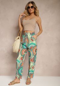 Renee - Zielone Szerokie Spodnie z Bawełny High Waist w Abstrakcyjny Wzór Jorivaess. Okazja: na co dzień, na spotkanie biznesowe. Stan: podwyższony. Kolor: zielony. Materiał: bawełna. Styl: biznesowy, klasyczny, elegancki, casual #3