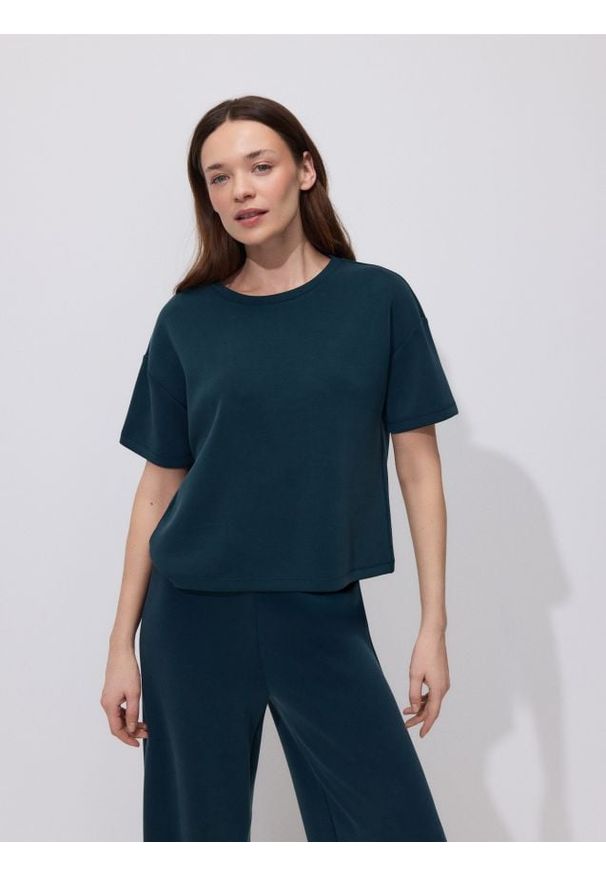 Reserved - T-shirt z modalem - ciemny turkus. Materiał: dzianina