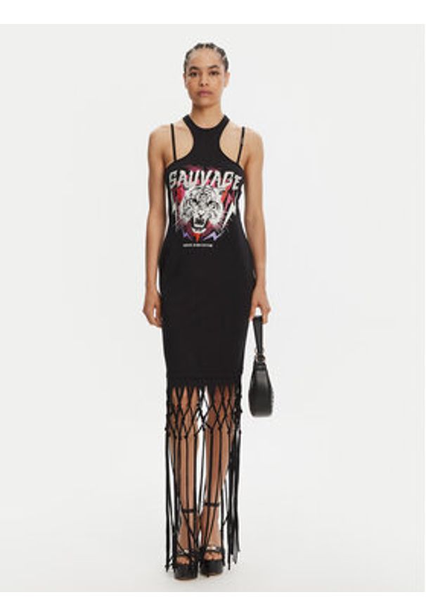 Versace Jeans Couture Sukienka codzienna Logo Fringes 78HAOE01 CJ02E Czarny Regular Fit. Okazja: na co dzień. Kolor: czarny. Materiał: bawełna. Typ sukienki: proste. Styl: casual