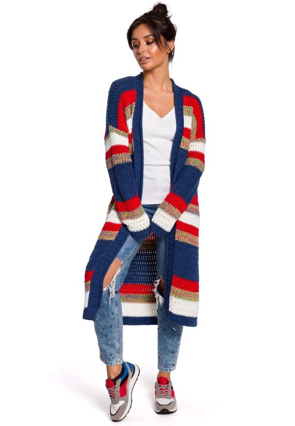 Sukienki.shop - Długi sweter w kolorowe pasy kardigan bez zapięcia narzutka. Okazja: na spacer, na co dzień. Materiał: dzianina, jeans, materiał, akryl. Długość rękawa: długi rękaw. Długość: długie. Wzór: kolorowy, ze splotem. Sezon: zima, jesień. Styl: casual, elegancki